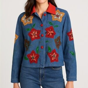 Y2K Sequined Chain Stitched Embroidered Floral Jean Corduroy Jacket